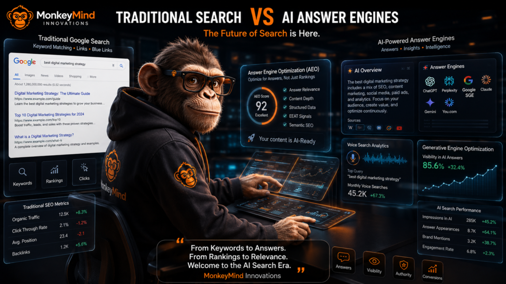 AEO vs SEO comparison showing Answer Engine Optimization and Search Engine Optimization strategies in a modern AI search environment